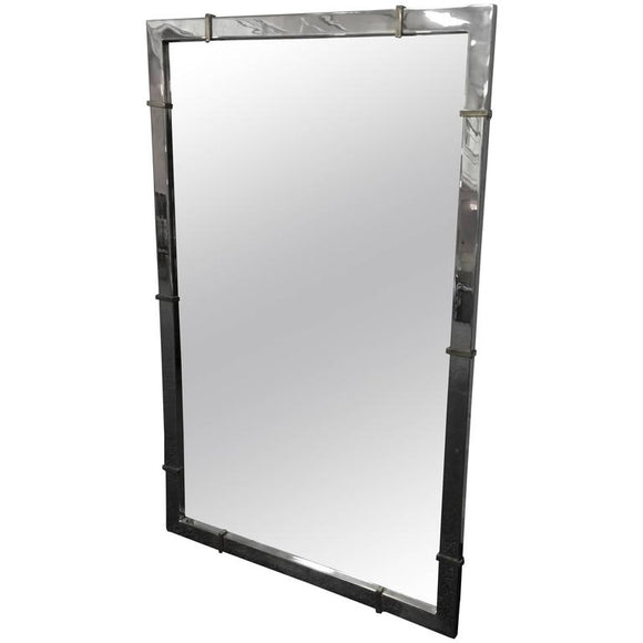 Chrome Wall Mirror with Brass Accents in the Manner of Karl Springer
