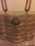 Glamorous Pearlized Taupe Layered Lucite Handbag with Jewel Clasp Signed Wilardy