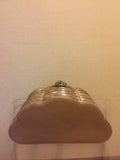 Glamorous Pearlized Taupe Layered Lucite Handbag with Jewel Clasp Signed Wilardy