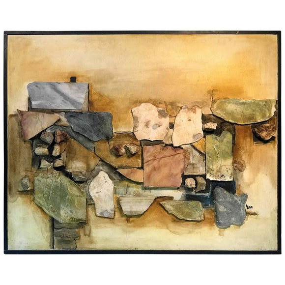 Monumental Assorted Natural Stone and Paint Mural on Wood Signed Lee