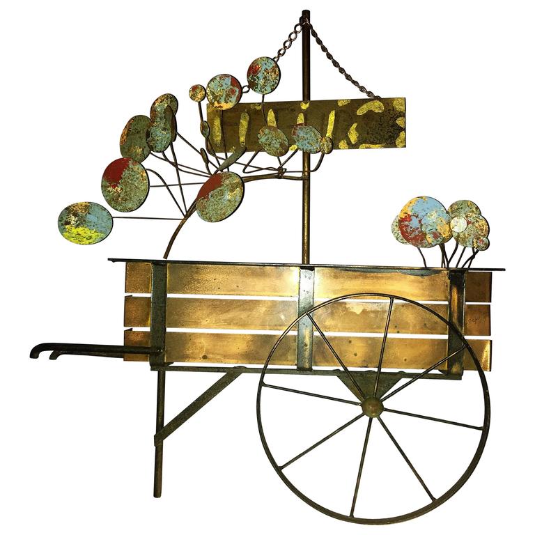Signed Curtis Jere Brutalist Flower Cart Wall Sculpture