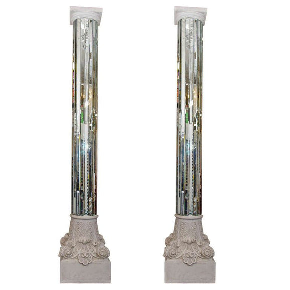 Amazing Modern Monumental Pair Of Mirrored White Columns