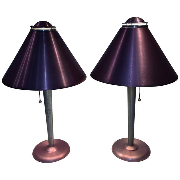 Amazing Pair of Art Moderne Anodized Spun Aluminum Lamps