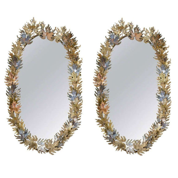 Amazing Pair of Brutalist Signed Curtis Jere Oval- Leaf Wall Mirrors
