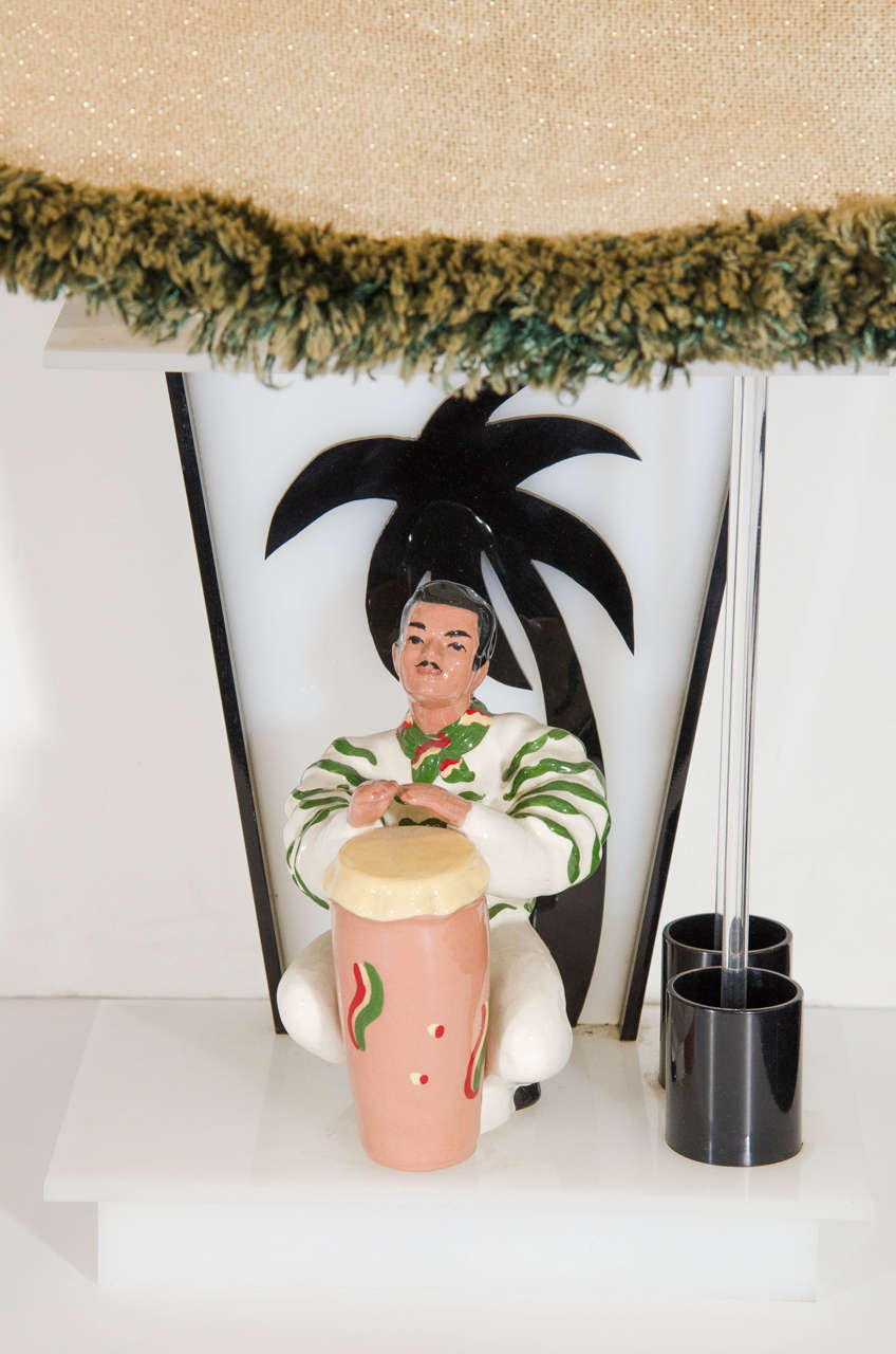 Amazing Pair of Rare Moss Lamps with Ceramic Figures of Conga Player a NYC MODERN