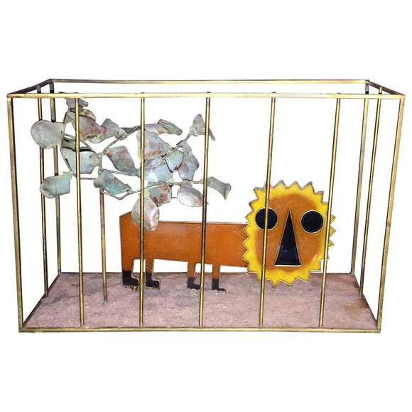 Animated Curtis Jere Modernist Pop Orange Resin Lion in Brass Cage Sculpture