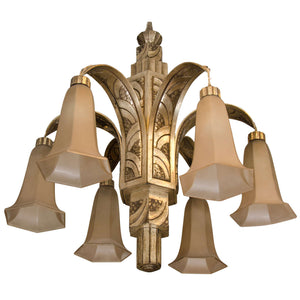 Art Deco Silvered Bronze Chandelier with Frosted Glass Shades
