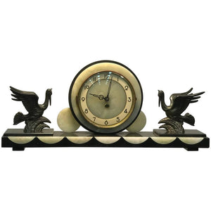 Beautiful French Art Deco Marble and Onyx Mantel Clock with Flying Herons