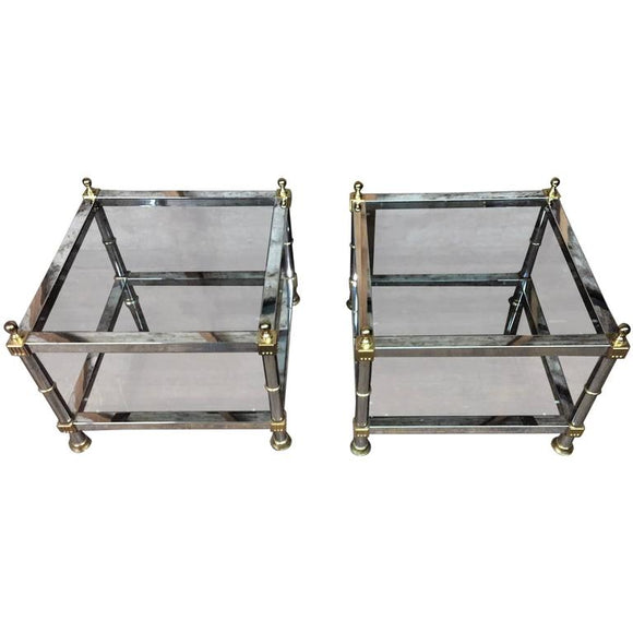 Beautiful Pair of Maison Jansen Style Chrome and Brass Double Tier Side Tables