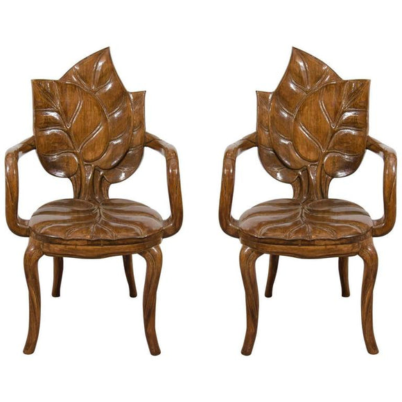 Beautiful Pair of Sculptural Carved Leaf Motif Armchairs or Side Chairs