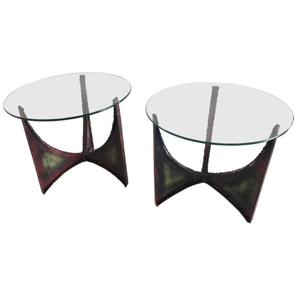 Brutalist Pair of Iron End or Side Tables in the Style of Paul Evans