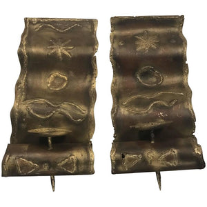 Brutalist Pair of Mixed- Metal Sconces with Engraved Design