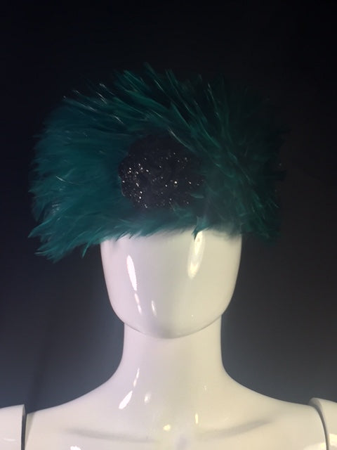 Vintage Emerald Green Feather Hat with Black Glitter Rose by Chanel