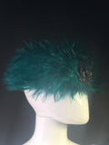 Vintage Emerald Green Feather Hat with Black Glitter Rose by Chanel