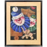 Charming Signed Mid- Century Clowns with Elephant Painting