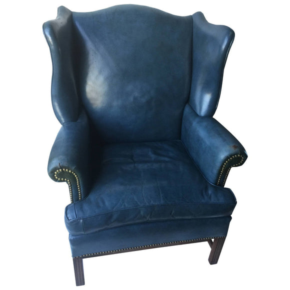 Denim Blue Leather Wingback Chair and Ottoman