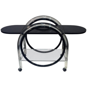 Dynamic Charles Hollis Jones Black and Clear Lucite Round Bar Cart