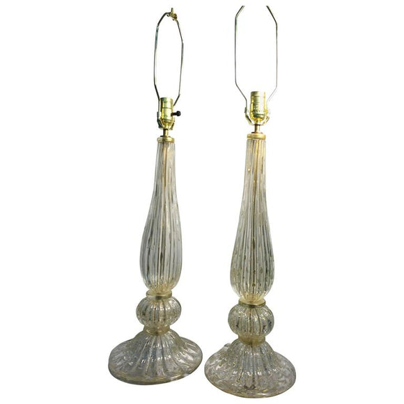 Elegant Pair of Seguso Murano Glass Gold Leaf Bullicante Glass Table Lamps
