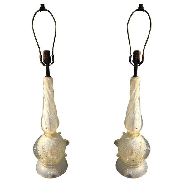 Elegant Pair of Seguso Swirled Opal and Gold Dotted Murano Lamps