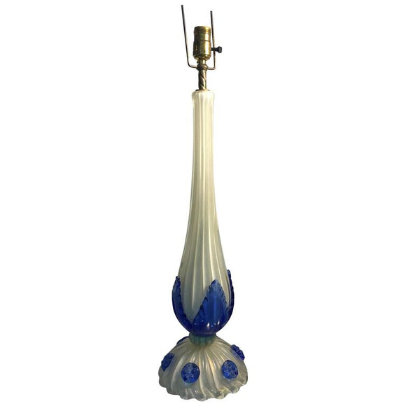 Elegant White Murano Glass Table Lamp with Cobalt Blue Accents by Seguso