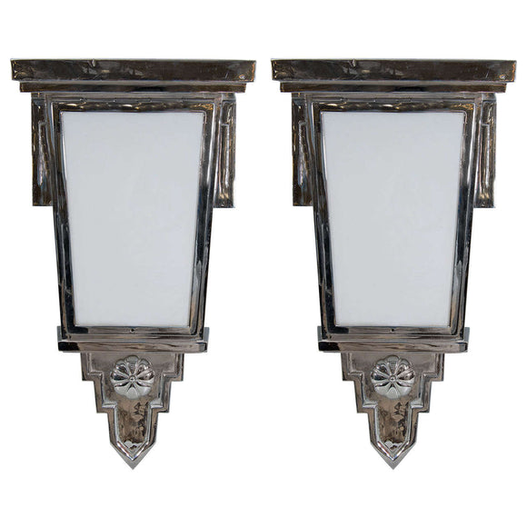 Exceptional Art Deco Pair of Nickled Bronze Wall Sconces