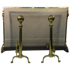 Exceptional Giant Brass Fireplace Screen with Andirons