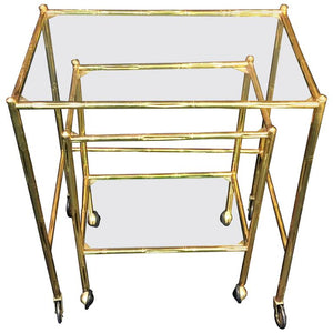 Exceptional Pair of Baques Brass Bamboo Nesting Tables on Wheels