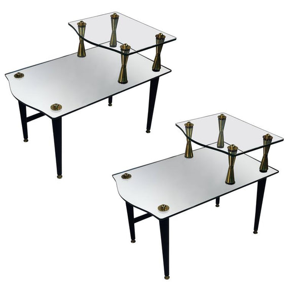 Exceptional Pair of Modernist Brass, Mirror and Glass Double Tier Tables