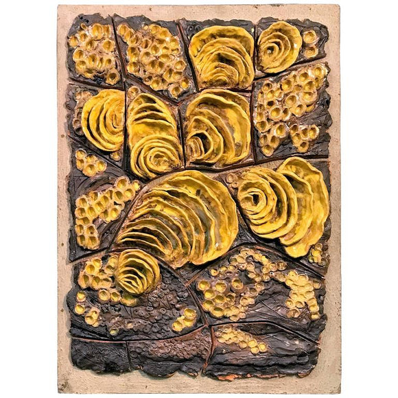 Exceptional Signed Yellow/Brown Glazed Terracotta Wall Sculpture Titled Fungus