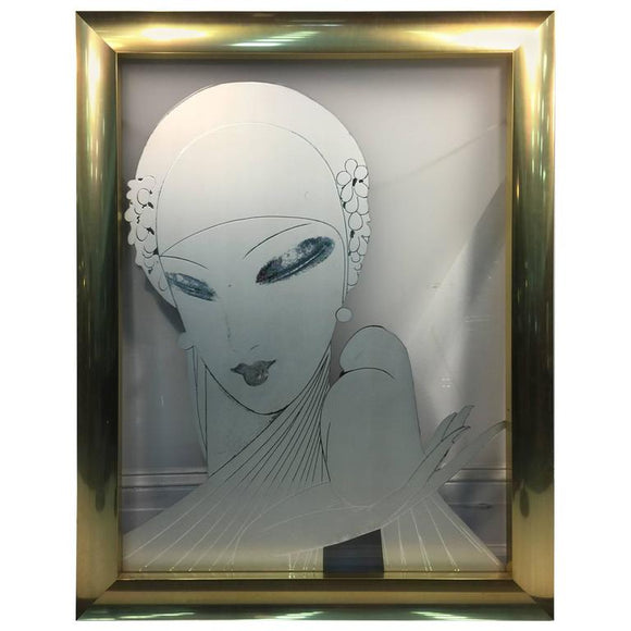 Fabulous Art Deco Revival Painting on Glass of a Glamorous Flapper and Dove