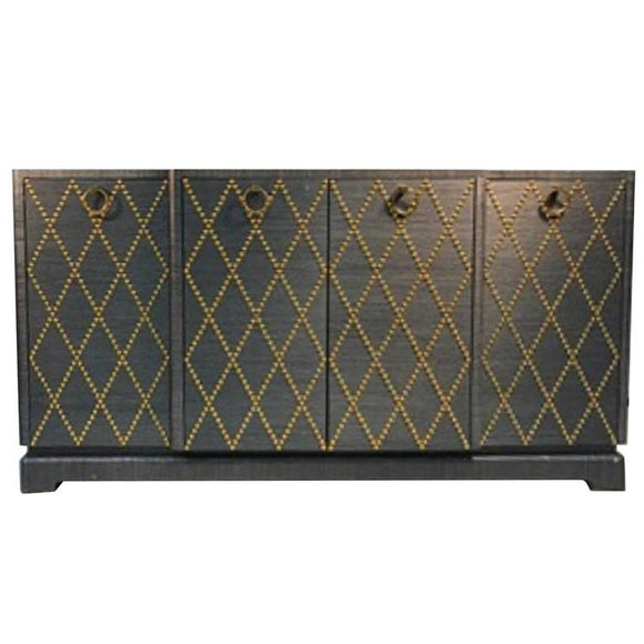Fabulous Grasscloth Gold Studded Cabinet in the Manner of Tommi Parzinger