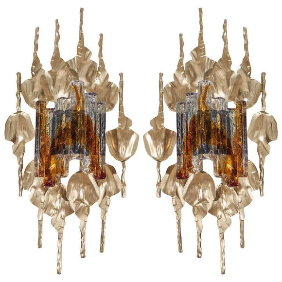 Gorgeous Brutalist Pair of Murano Glass Gilt Metal Wall Sconces