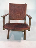 Great Pair of Hans Wegner Style Saddle Tooled Leather Folding Chairs and Ottoman