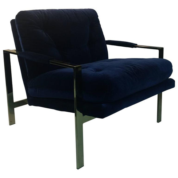 Luxurious Milo Baughman Lounge Chair Upholstered in Lush Blue Velvet