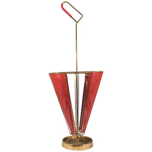 Midcentury Brass-Plated and Red Enameled Italian Umbrella Stand