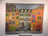Modern Cityscape Painting of Homes and Buildings in the Manner of James Rizzi