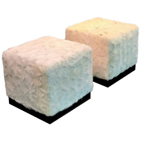 Pair of High End Bronzed Steel White Mink Ottomans in the Style of Karl Springer
