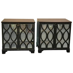 Pair of James Mont Inspired Mirrored Commodes with Beautiful Carved Wood Overlay