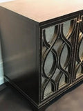 Pair of James Mont Inspired Mirrored Commodes with Beautiful Carved Wood Overlay