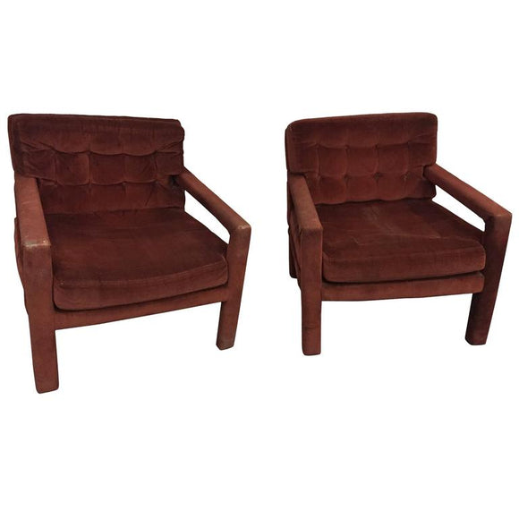 Pair of Milo Baughman Chocolate Color Button Tufted Lounge Chair or Armchairs