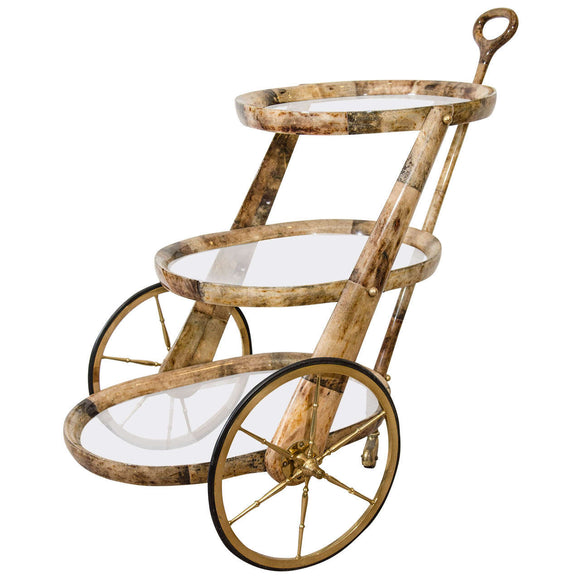 Rare Oval Design Aldo Tura Three-Tier Lacquered Goatskin Bar Cart