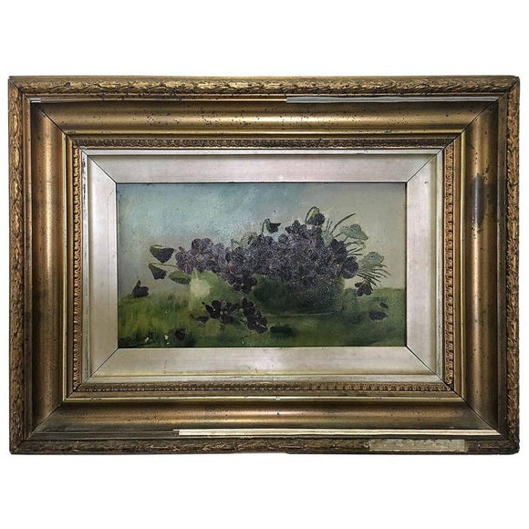 Signed English 19th Century Basket of Violets Painting