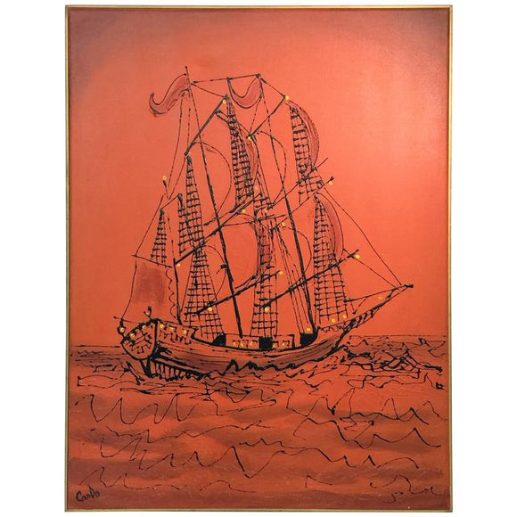 Signed Great Brutalist Bright Orange Pirates Galleon Oil Painting