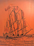 Signed Great Brutalist Bright Orange Pirates Galleon Oil Painting