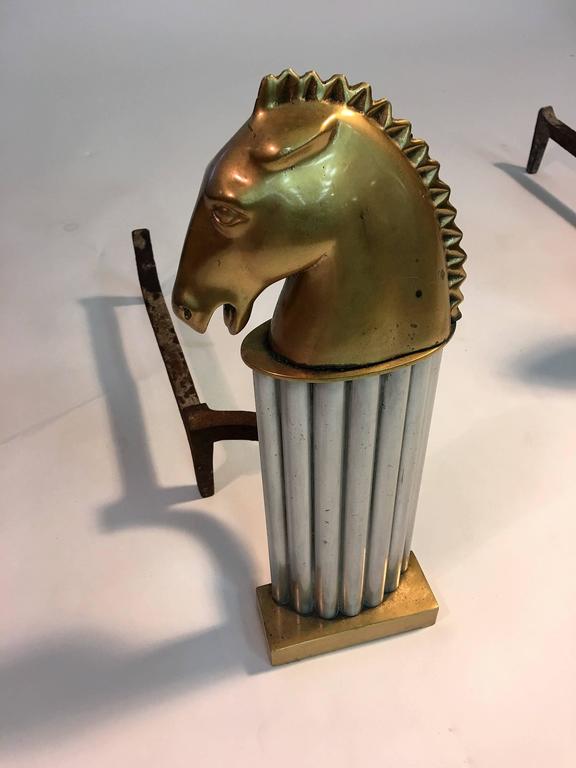 Stunning Pair of Art Deco Bronze Horse Head Knight Andirons – NYC