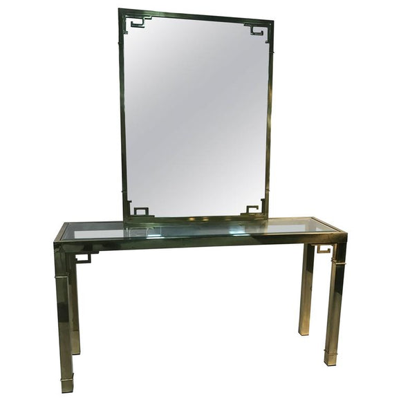Stunning Solid Brass Italian Mirror and Console Table with Greek Key Design