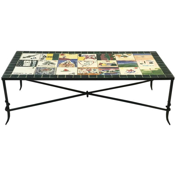 Whimsical Ceramic Tile Top Coffee Table with Hand-Painted Nostalgic Scenes