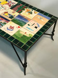 Whimsical Ceramic Tile Top Coffee Table with Hand-Painted Nostalgic Scenes